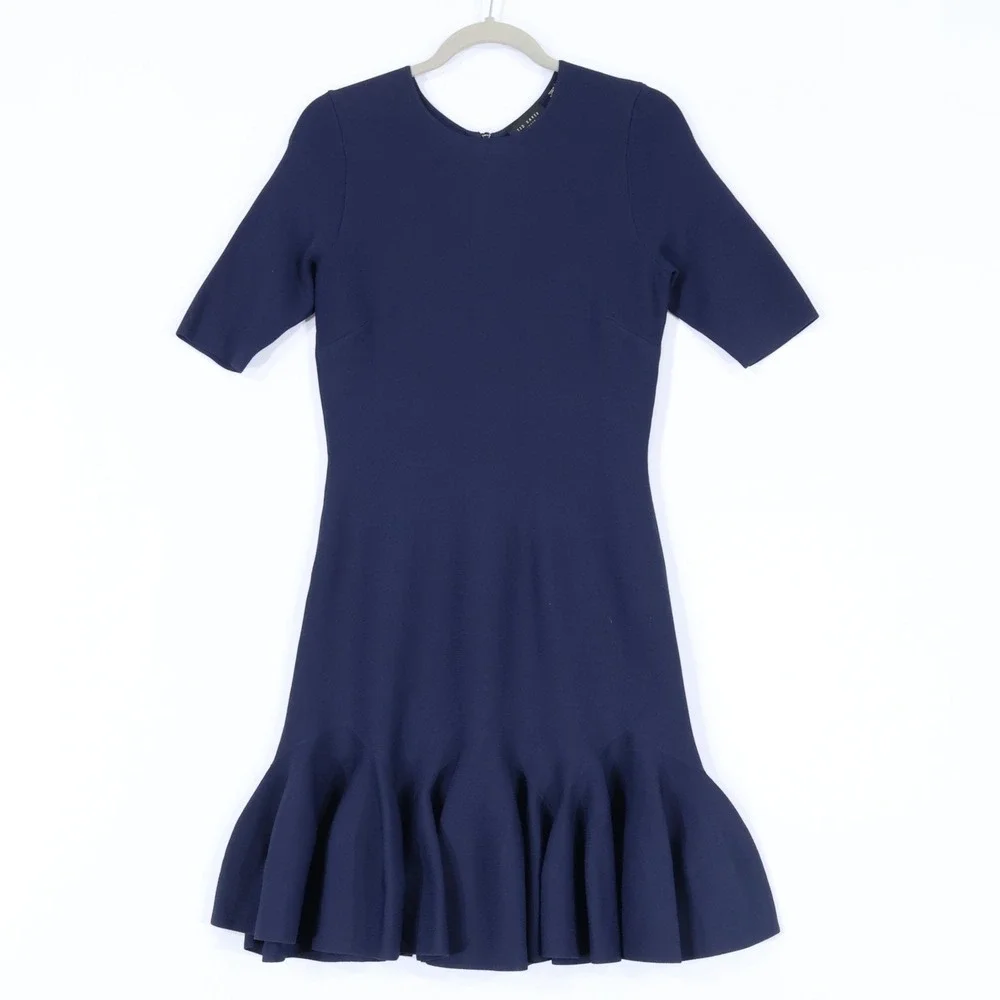 Ted Baker Alzann Fit and Flare Dress Womens 2 Dark Blue Fluted Hem Career Work